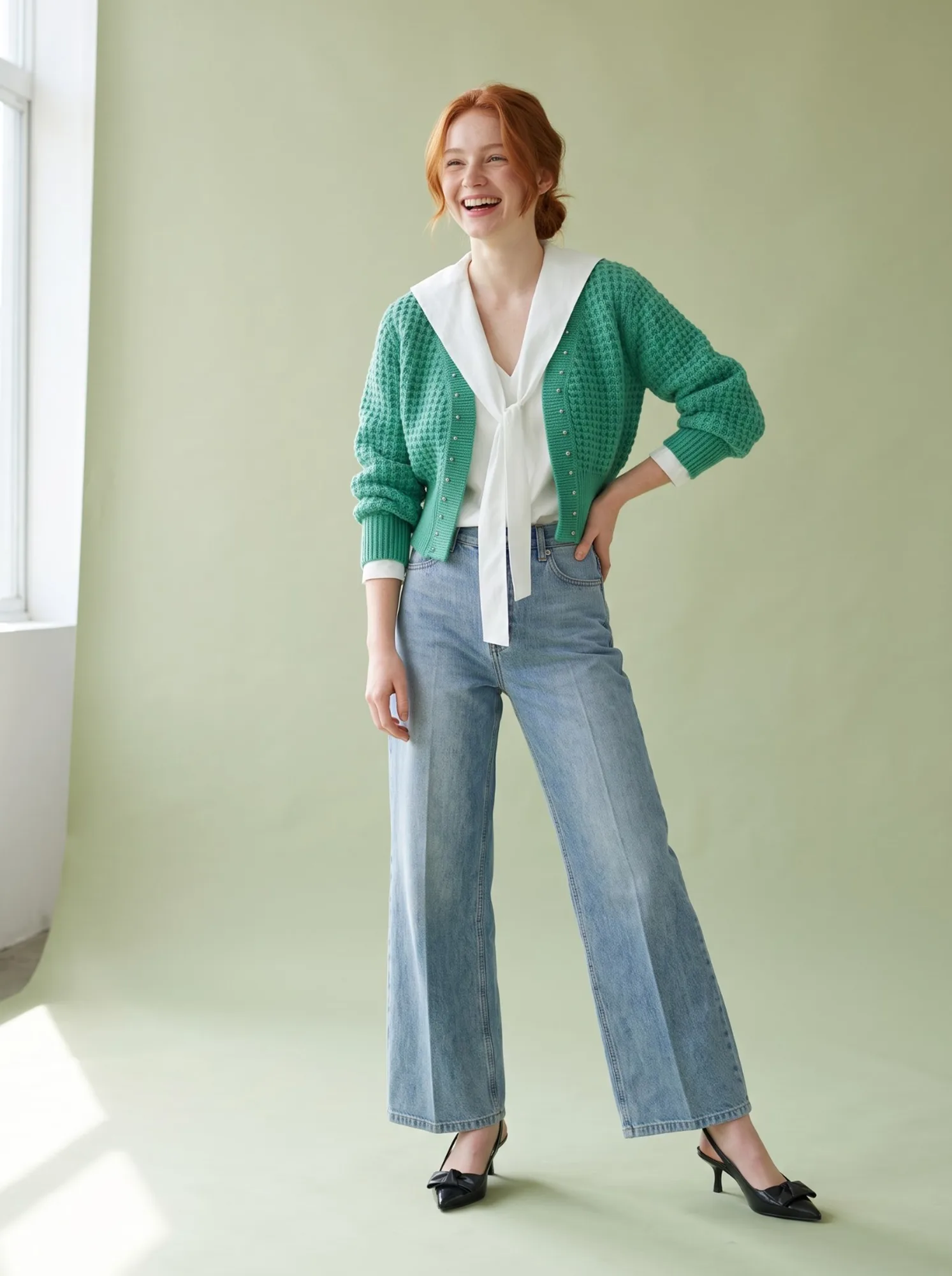 La tenue portée par une mannequin IA dans un studio photo
