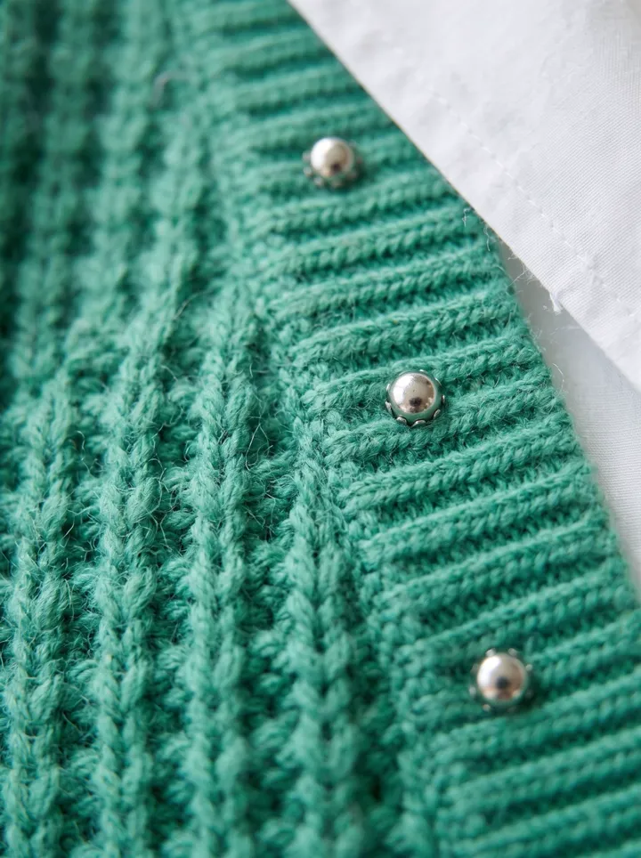 Gros plan sur la maille du cardigan et ses clous argentés